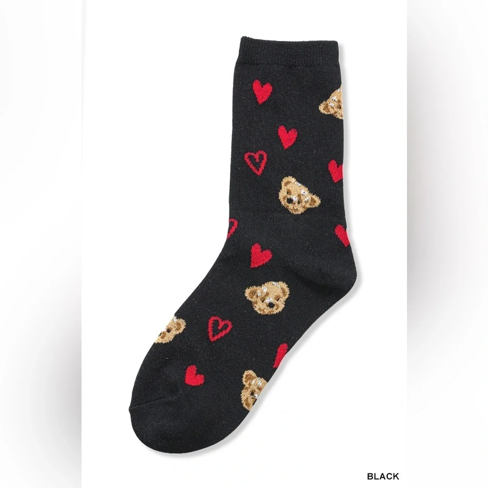 NWT Zenana Black & Grey Teddy Bear Heart Crew Socks Cozy Cute Gift One Size